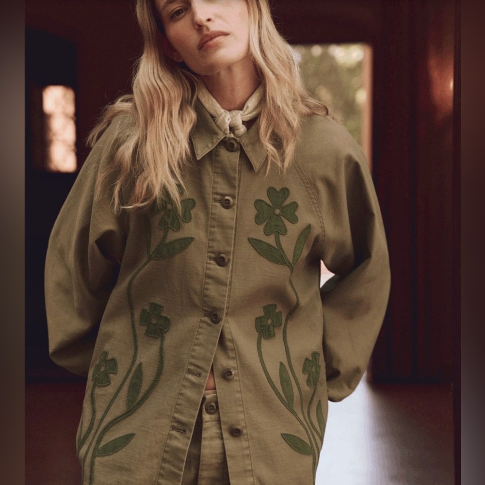 The Great Floral Applique Jacket Commodore Army Green Pockets Sz 1 boho
